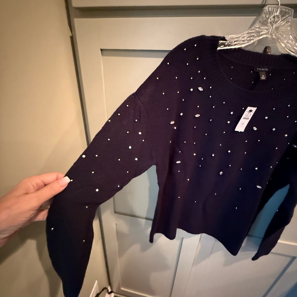 NWT Talbots Navy Crew Nexk Sweater w Faux Stone Accents SZ M - Picture 3 of 14